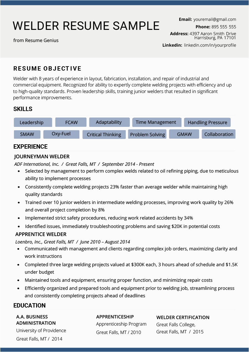 Sample Objectives for Resumes for Welders Welder Resume Example & Writing Tips