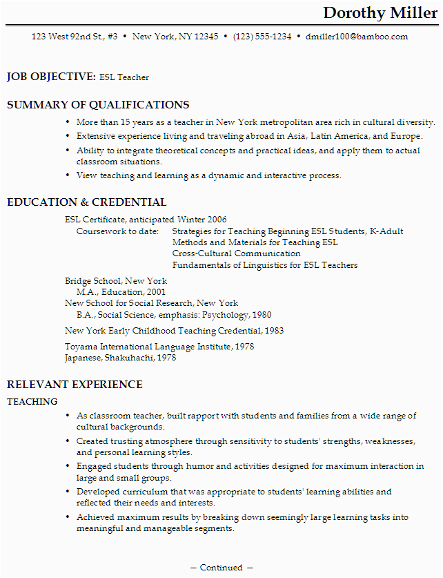 Sample Of Functional Resume for Teacher Sample Functional Resume format for Esl Teacher