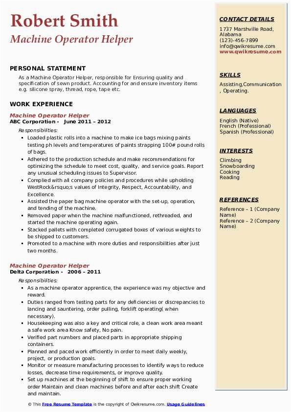 Sample Of Resume for Production Operator Helper Machine Operator Helper Resume Samples