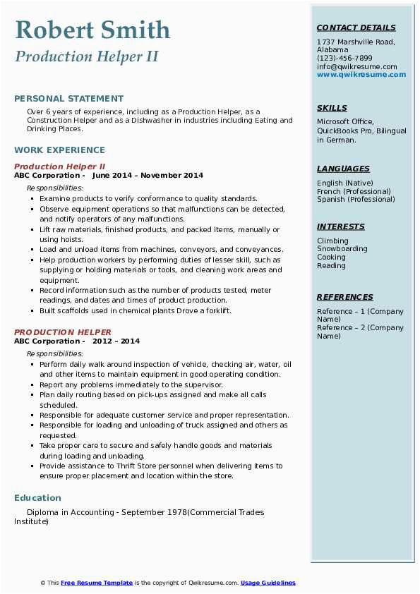 Sample Of Resume for Production Operator Helper Production Helper Resume Samples