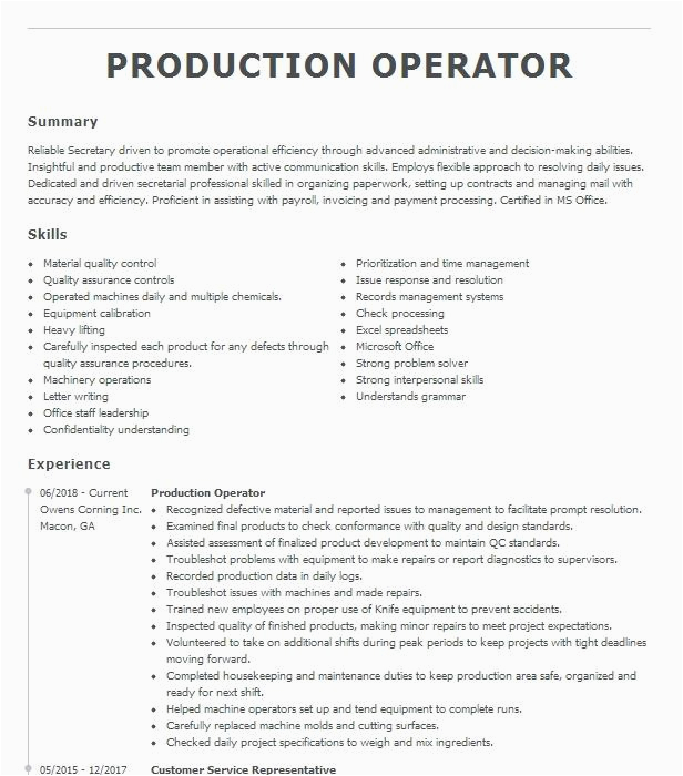 Sample Of Resume for Production Operator Helper Production Operator Resume Example Bronx New York