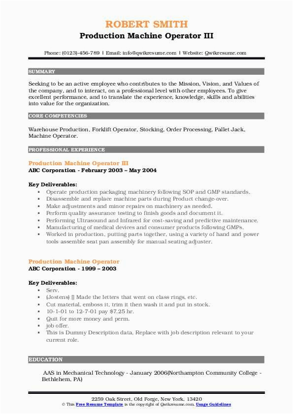 Sample Of Resume for Production Operator Production Machine Operator Resume Samples