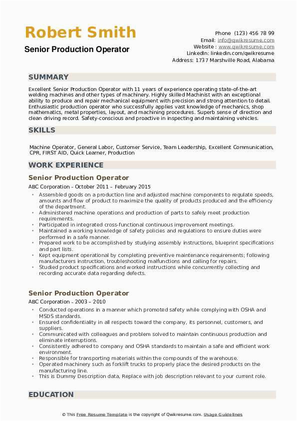 Sample Of Resume for Production Operator Production Operator Resume Samples