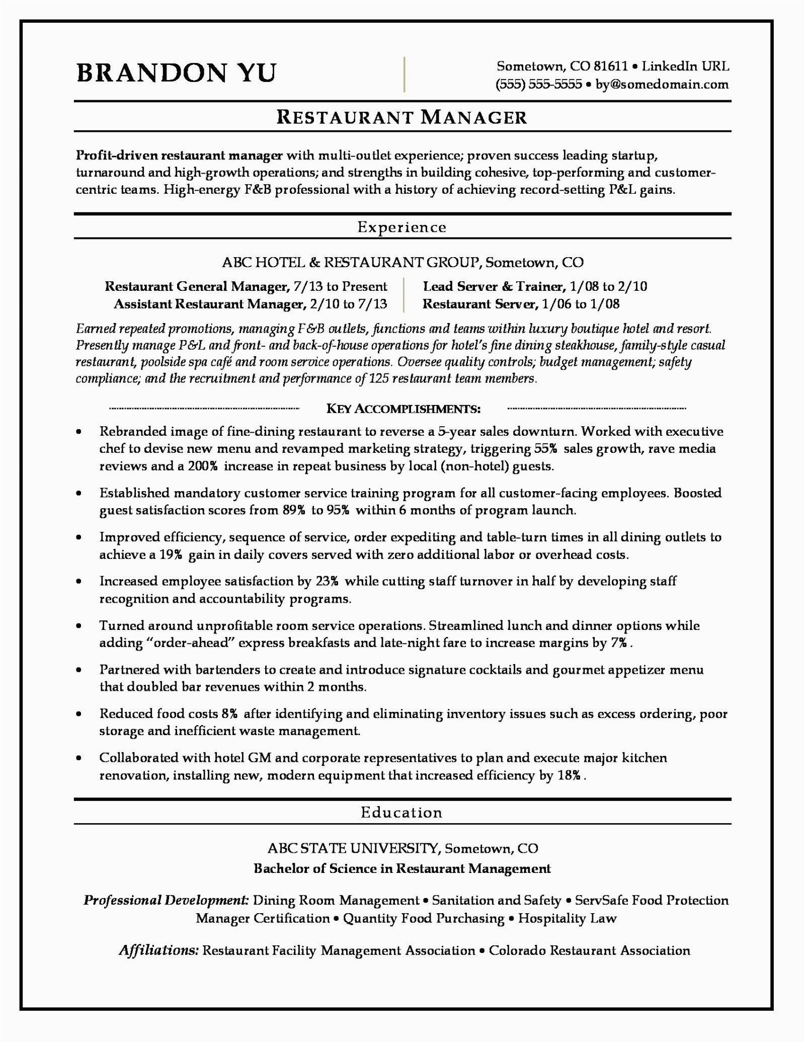 Sample Of Resume for Restaurant Store Manager Restaurant General Manager Resume Unique Restaurant Manager Resume