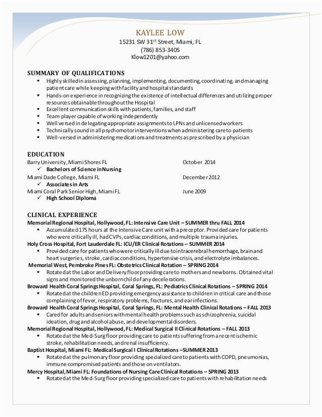 Sample Qualifications In Resume for Nurses Kaylee S Nursing Resume 2014