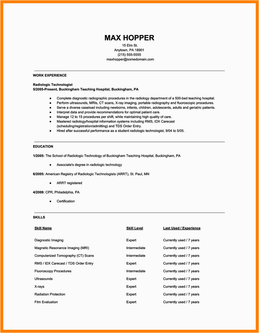 Sample Radiologic Technologist Certification Listed On Resume Radiologic Technician Resume