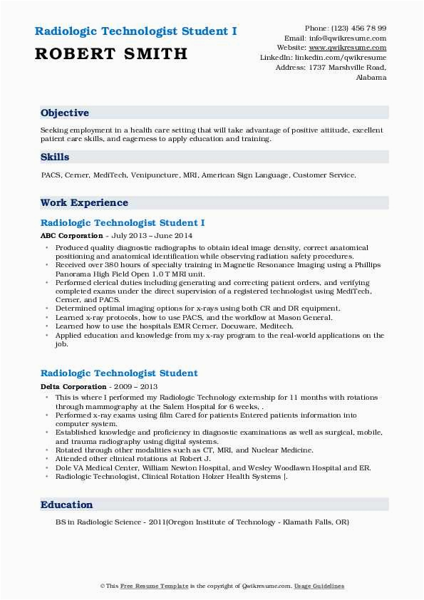 Sample Radiologic Technologist Certification Listed On Resume Radiologic Technologist Student Resume Samples