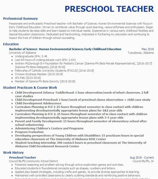 Sample Resume for A Perschool Teacher Position Preschool Teacher Resume Example Rhodes Learning Center Hawthorne