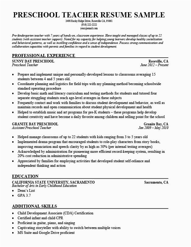 Sample Resume for A Perschool Teacher Position Preschool Teacher Resume