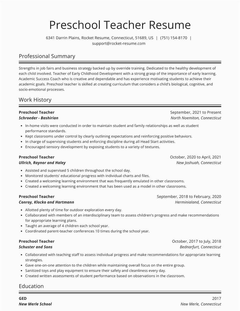 Sample Resume for A Perschool Teacher Position Preschool Teacher Resumes