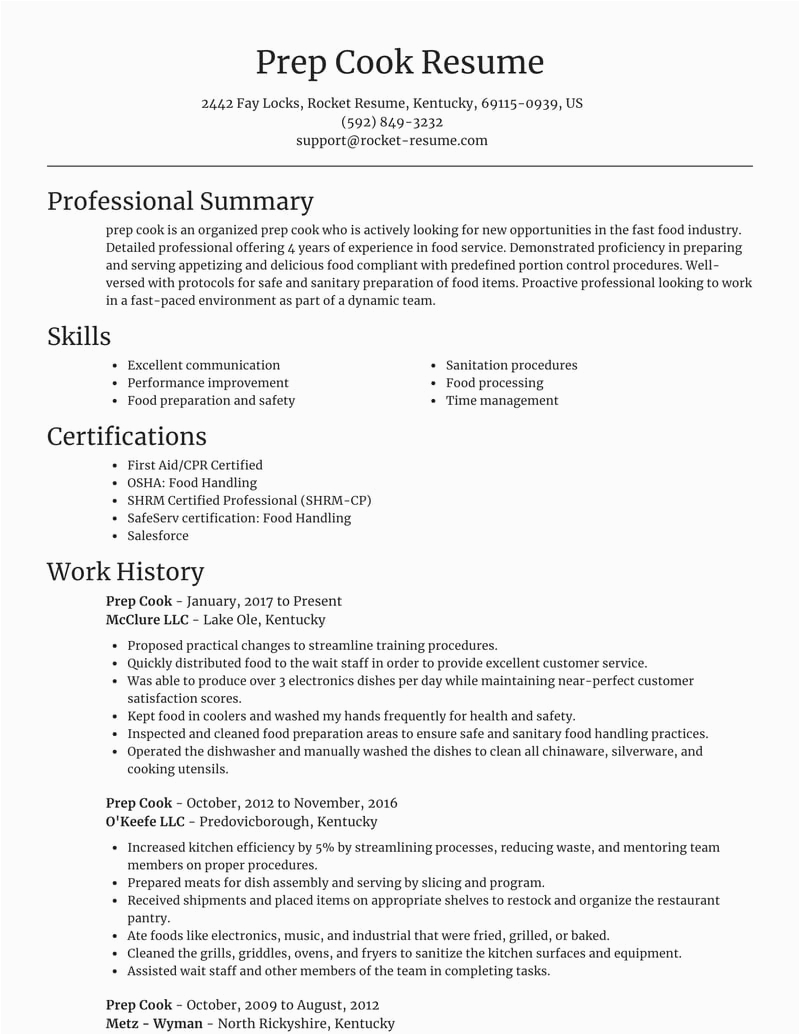 Sample Resume for A Prep Cook Prep Cook Resumes