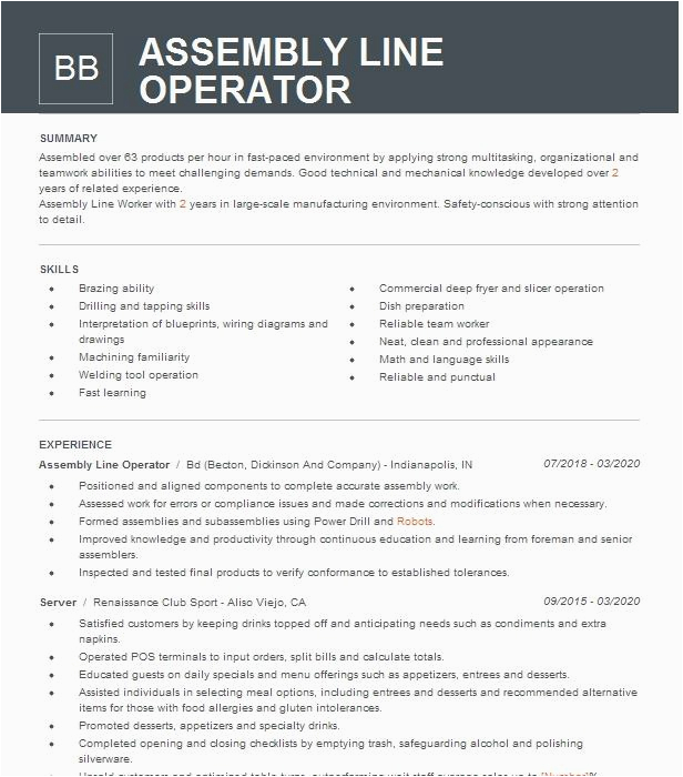 Sample Resume for assembly Line Operator assembly Line Operator Resume Example Azar Inspections