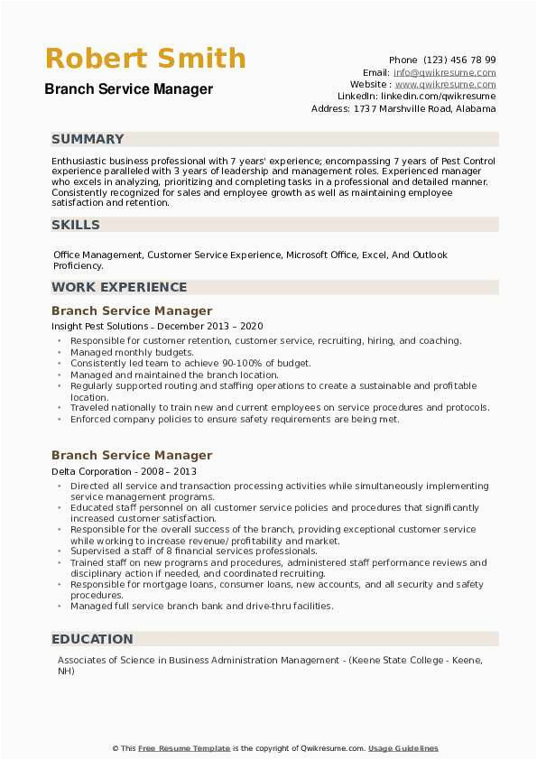Sample Resume for Bank Service Manager Branch Service Manager Resume Samples
