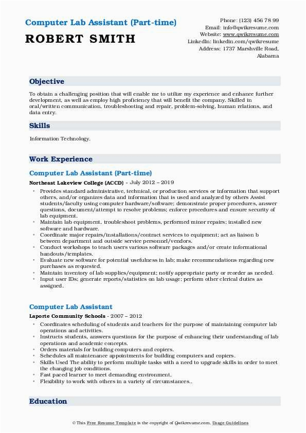 Sample Resume for Computer Shop assistant Puter Lab assistant Resume Samples