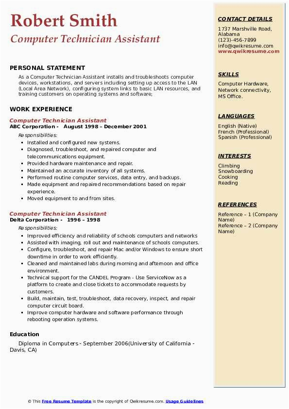 Sample Resume for Computer Shop assistant Puter Technician assistant Resume Samples