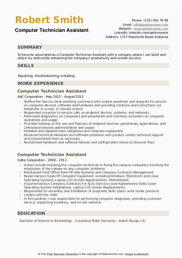 Sample Resume for Computer Shop assistant Puter Technician assistant Resume Samples