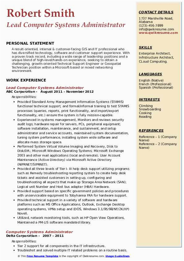 Sample Resume for Computer System Administrator Puter Systems Administrator Resume Samples