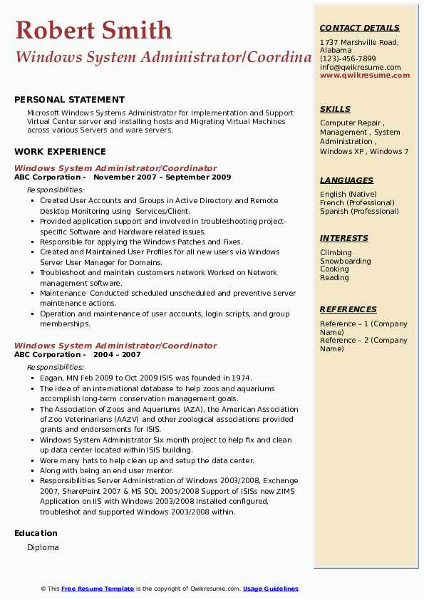 Sample Resume for Computer System Administrator Windows System Administrator Resume Samples