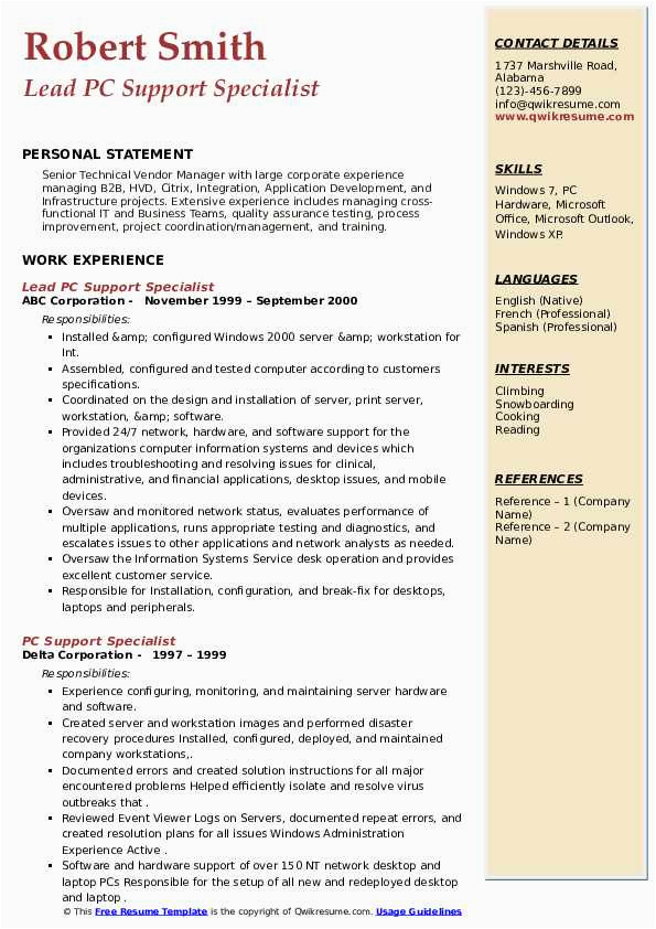 Sample Resume for Computer Technical Support Pc Support Specialist Resume Samples