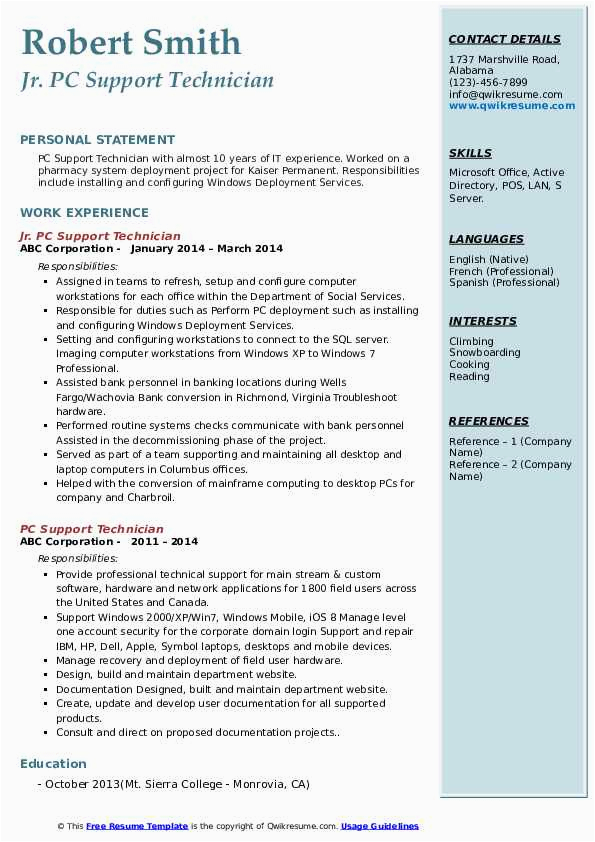 Sample Resume for Computer Technical Support Pc Support Technician Resume Samples