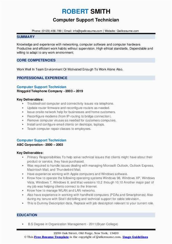 Sample Resume for Computer Technical Support Puter Support Technician Resume Samples