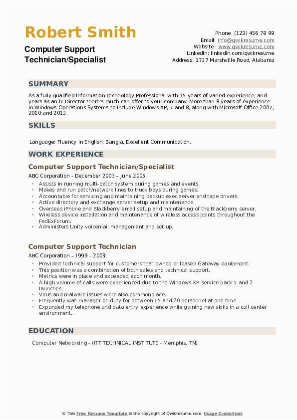 Sample Resume for Computer Technical Support Puter Support Technician Resume Samples