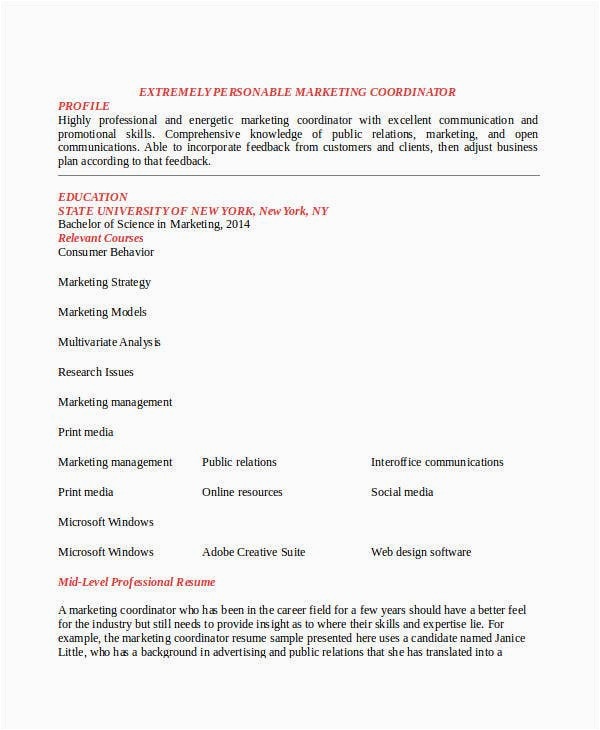 Sample Resume for Entry Level Marketing Coordinator 23 Marketing Resume Templates