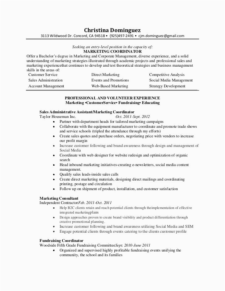 Sample Resume for Entry Level Marketing Coordinator Marketing Coordinator Resume