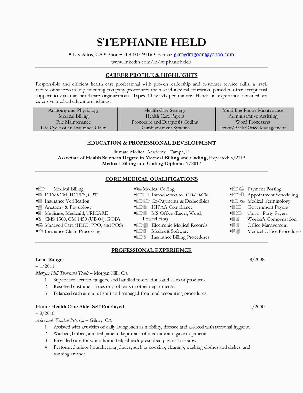 Sample Resume for Entry Level Medical Billing and Coding Resume for Medical Billing and Coding Specialist