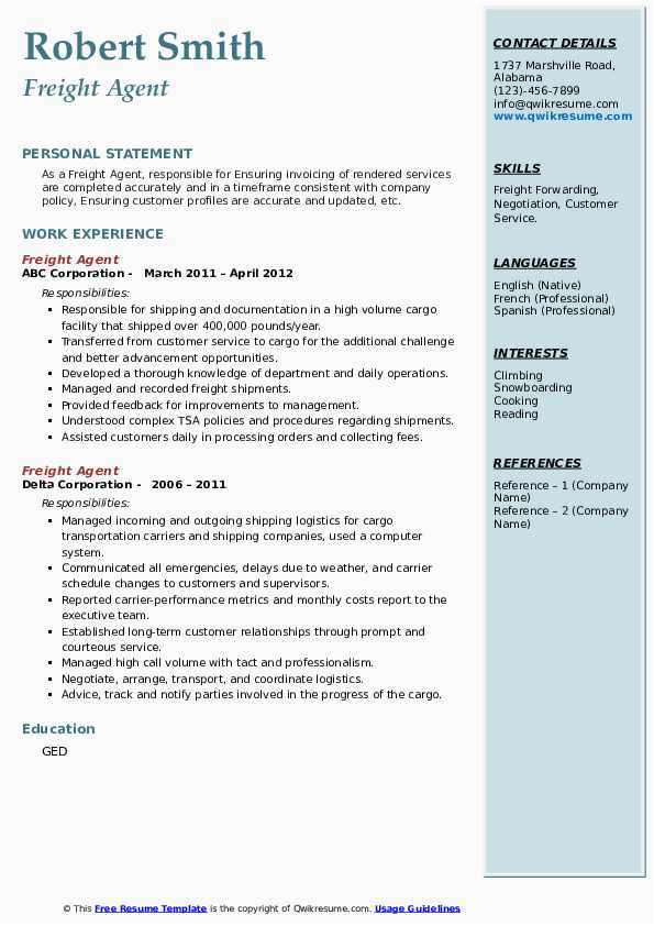 Sample Resume for Freight forwarding Sales Manager Freight Agent Resume Samples