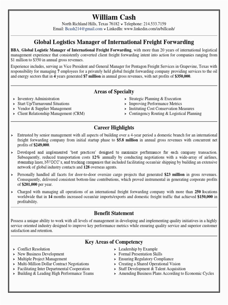 Sample Resume for Freight forwarding Sales Manager Global Sales Manager Logistics In Dallas Ft Worth Tx