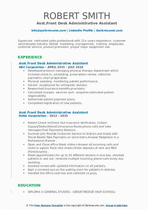 Sample Resume for Front Desk Customer Support Admin Front Desk Administrative assistant Resume Samples