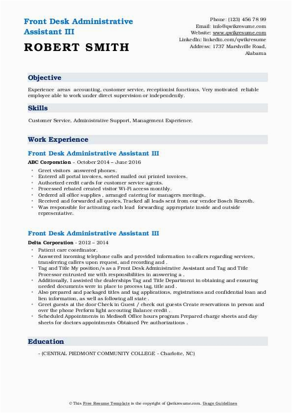 Sample Resume for Front Desk Customer Support Admin Front Desk Administrative assistant Resume Samples