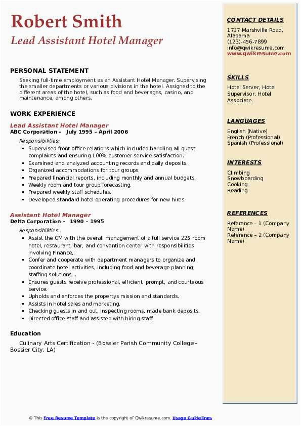 Sample Resume for Front Office assistant In Hotels assistant Hotel Manager Resume Samples