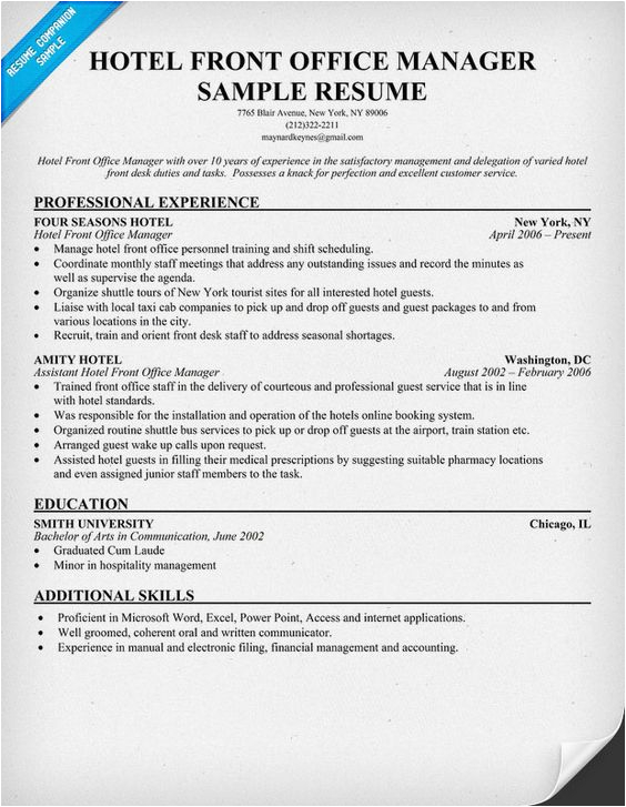 Sample Resume for Front Office assistant In Hotels Hotel Front Fice Manager Resume Resume Panion Travel