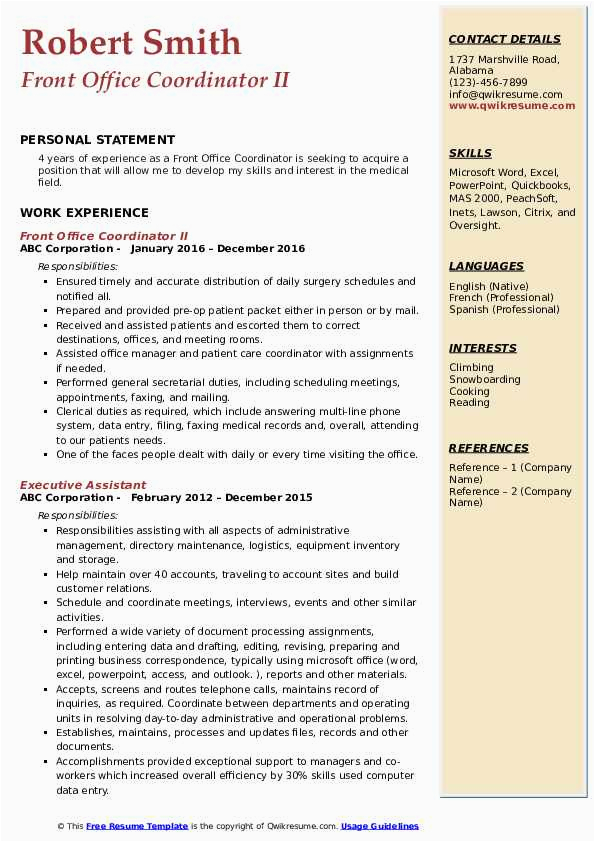 Sample Resume for Front Office Coordinator Front Fice Coordinator Resume Samples