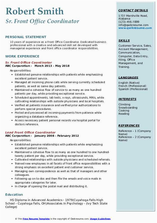 Sample Resume for Front Office Coordinator Front Fice Coordinator Resume Samples