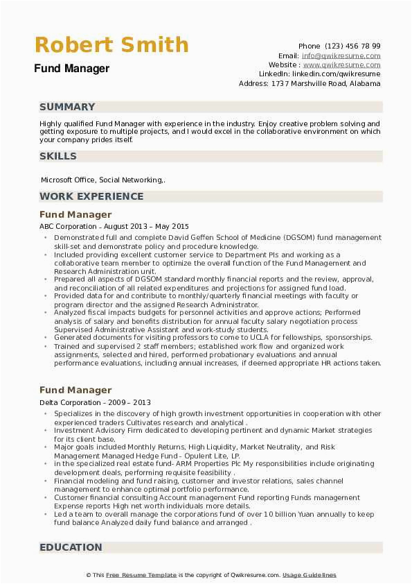 Sample Resume for Fund Of Fund Investor Fund Manager Resume Samples