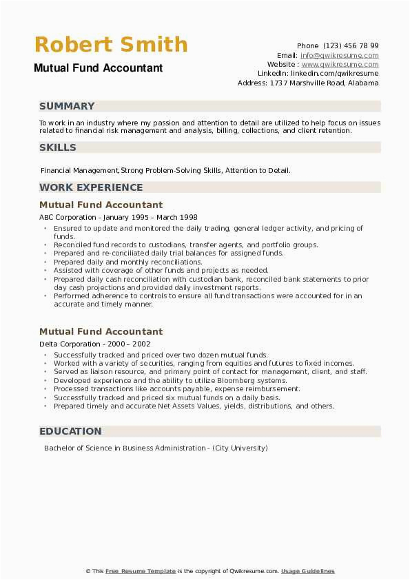 Sample Resume for Fund Of Fund Investor Mutual Fund Accountant Resume Samples