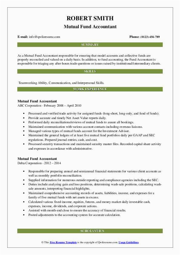 Sample Resume for Fund Of Fund Investor Mutual Fund Accountant Resume Samples