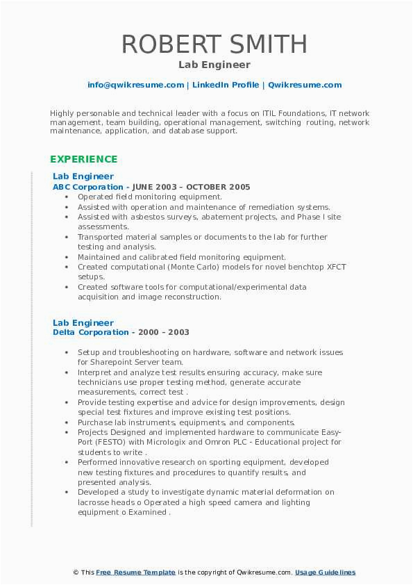 Sample Resume for It Support and Testing Role Lab Engineer Resume Samples