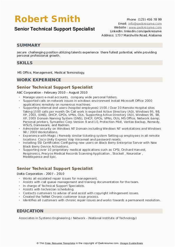 Sample Resume for It Support and Testing Role Senior Technical Support Specialist Resume Samples