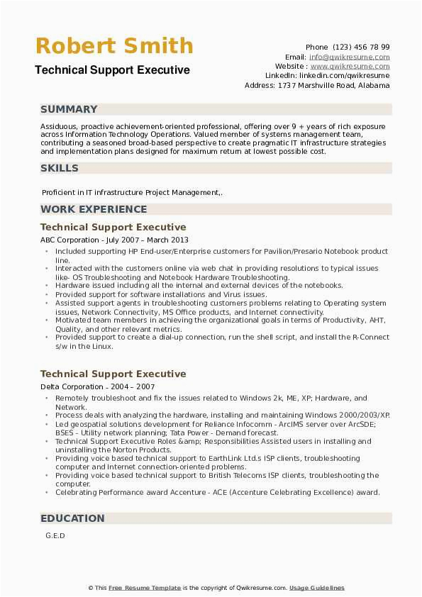 Sample Resume for It Support and Testing Role Technical Support Executive Resume Samples