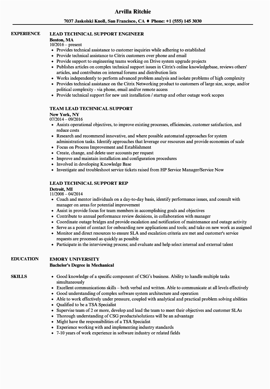 Sample Resume for It Support Lead Lead Technical Support Resume Samples