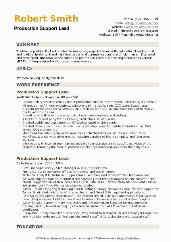 Sample Resume for It Support Lead Production Support Lead Resume Samples