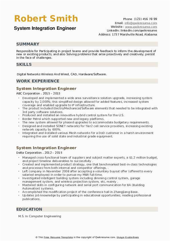 Sample Resume for It System and Integration Support Engineer System Integration Engineer Resume Samples