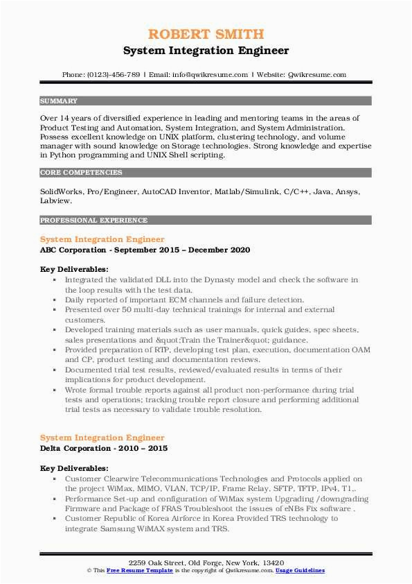 Sample Resume for It System and Integration Support Engineer System Integration Engineer Resume Samples
