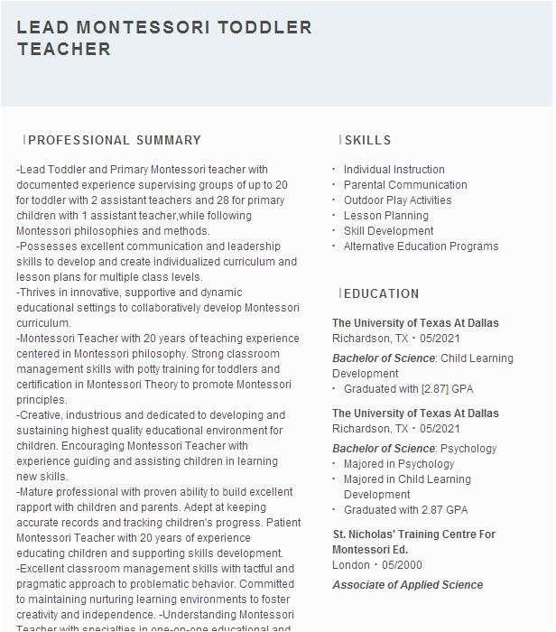 Sample Resume for Montessori Lead Teacher Lead Montessori toddler Teacher Resume Example New Century Montessori
