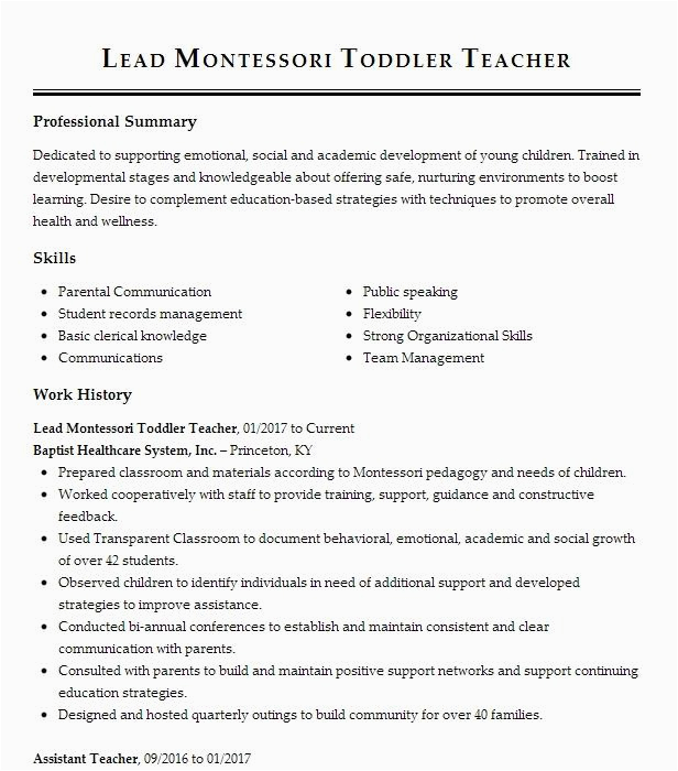Sample Resume for Montessori Lead Teacher Montessori Teacher assistant Resume Example Chicago Board Education