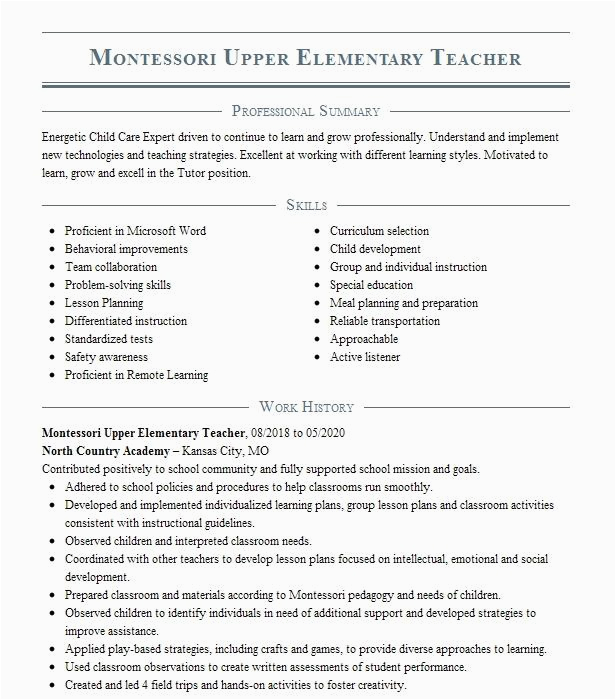 Sample Resume for Montessori Lead Teacher Montessori Teacher Resume Example Maple Knoll Munities Covina